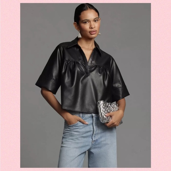 Anthropologie Tops - 🌸Anthropologie“Pilcro” Short-Sleeve 
Faux-Leather Swing Top🌸
